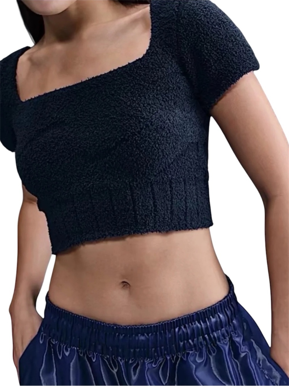 Nike Phoenix Midnight Navy Obsidian Short-Sleeve Fuzzy Cropped Top Athleisure